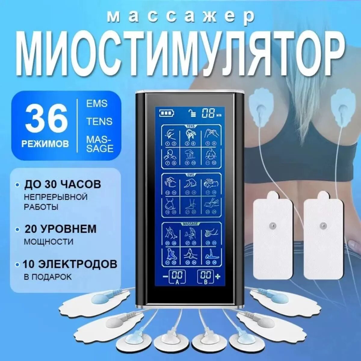INF Masseur d'électrothérapie TENS 36 Modes - Stimulateur musculaire pour soulager la douleur Le noir