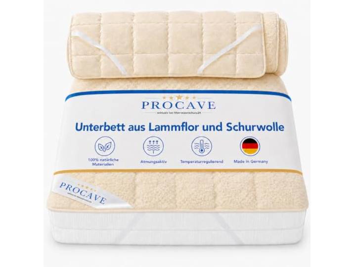 PROCAVE weiches Unterbett mit Lammflor und Schurwolle. hochwertige Matratzen-Topper. Matratzen-Schoner mit 4 Eckgummis. Matratzen-Auflage 120x200 cm
