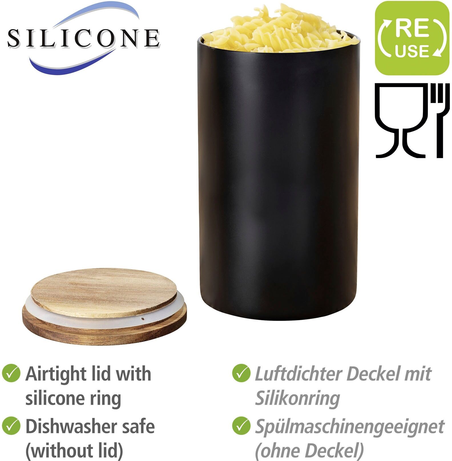 Vorratsdose WENKO "Modell Mio", schwarz (dose: schwarz, deckel: braun), H:19cm Ø:11cm, Borosilikatglas, Lebensmittelaufbewahrungsbehälter, Vorratsdose, Frischhaltedose für Lebensmittel, luftdichter Deckel aus Akazienholz dose: schwarz, deckel: braun B/H/L
