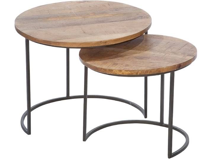 Beistelltisch GILDE 2er Set Beistelltisch rund Camara , braun (naturfarben, schwarz, schwarz, natur), B:55cm H:45cm T:55cm, 50% Mangoholz; 50% Eisen, Tische, Beistelltisch, Wohnzimmertisch, Beistellmöbel, Couchtisch, Dekotisch, Tischplatte