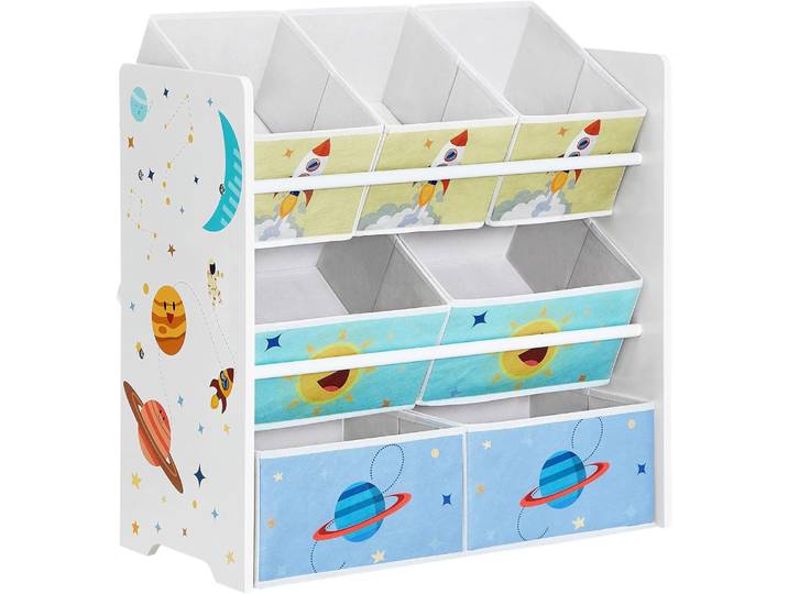 Kinderzimmerregal Weltall mit 7 Aufbewahrungsboxen Weiss