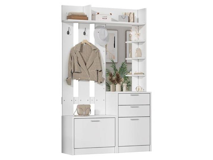 Meuble D'entrée Blanc 110x34x185cm Banc Chaussures Miroir 2 Tiroirs Placards Rabattables 3 Crochets Étagères Vestiaire Salon Chambre