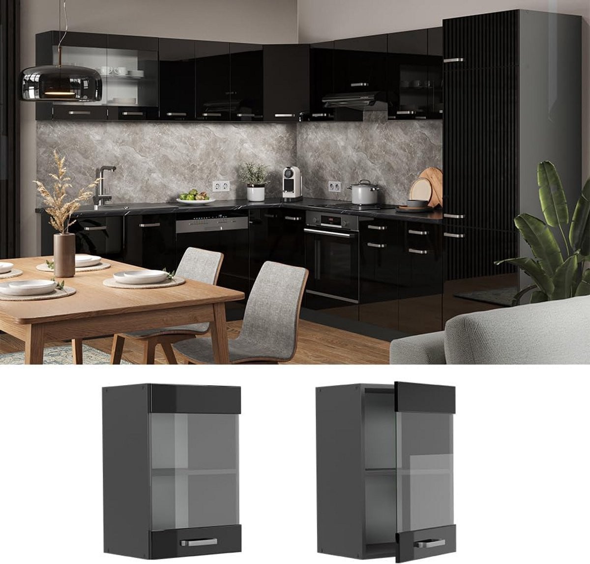 Glazen Hangkast Keuken Zwart Hoogglans Antraciet 40 cm Modulesysteem