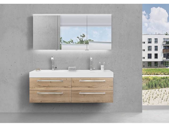 Badmöbel Set Doppelwaschtisch 160 cm mit 4 Auszügen MULTI Light LED Spiegelschrank