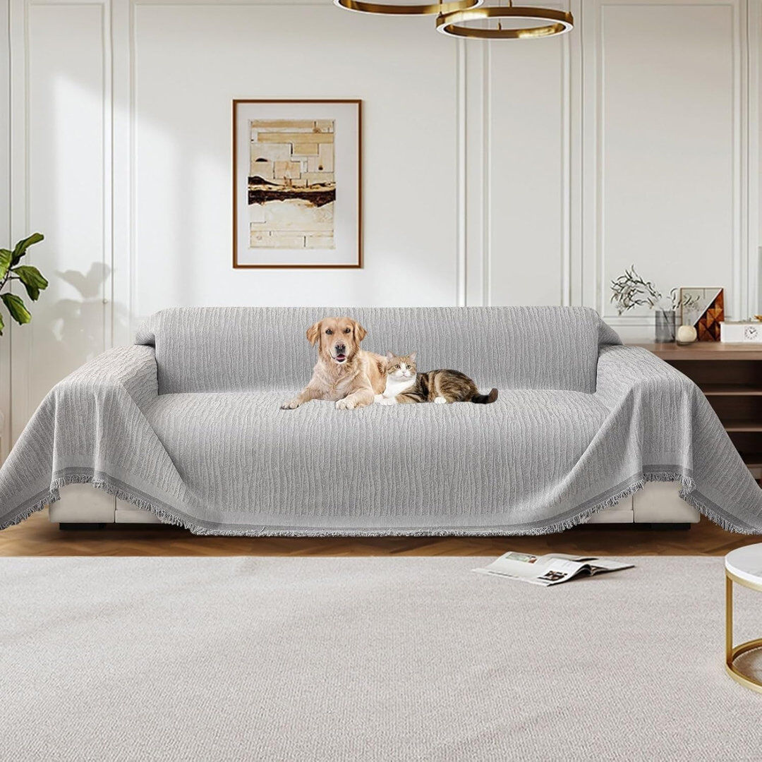Lily Manor Box Cushion Sofa Slipcover Chenille - Grey 180cm H X 300cm W X 1cm D