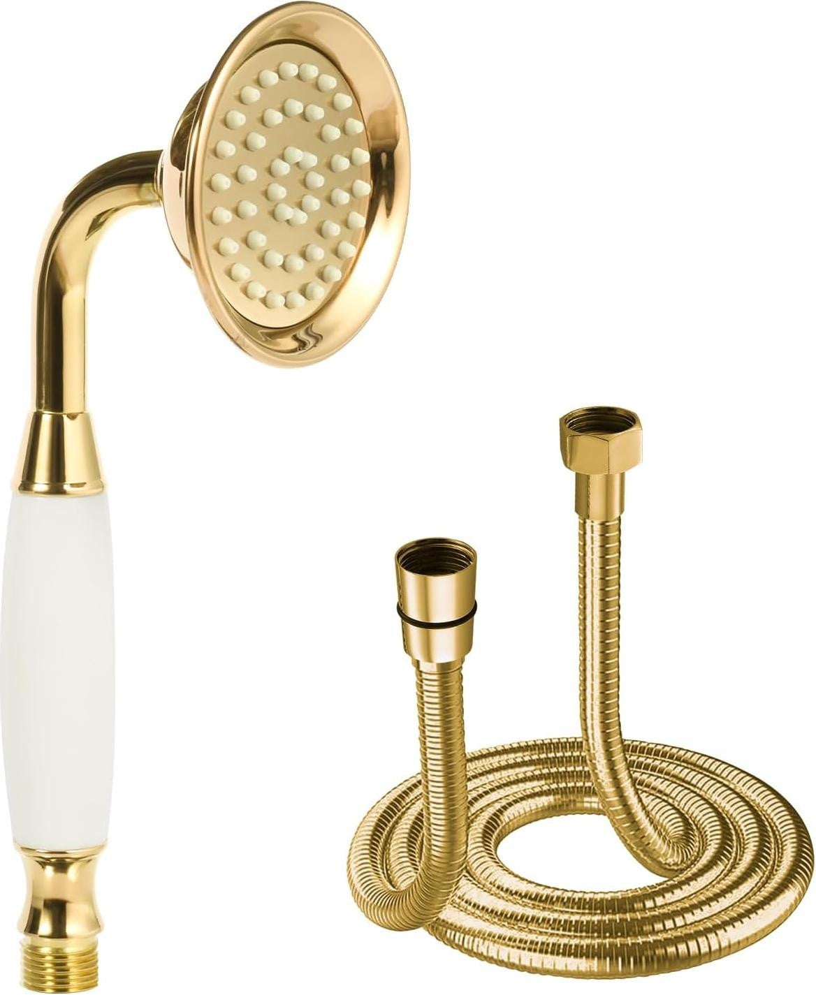 Klassieke waterbesparende ronde douchekop met handdouche en slang in goud en plastic