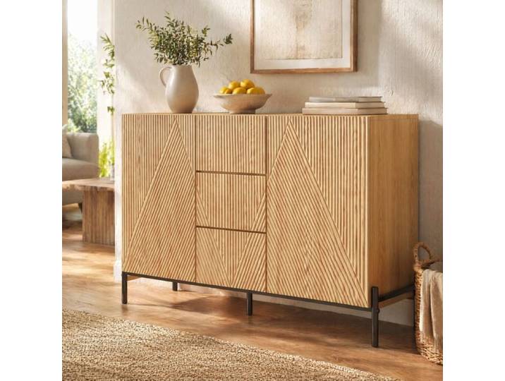 Buffet bas 2 portes 3 tiroirs avec grand rangement - LPOSPI - MDF aspect bois naturel pieds métal noir