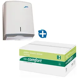 Azur weiß für 600 Blatt, Handtuchspender im Set incl. 3200 Blatt Papierhandtücher 24x23cm, 2-lagig Natur