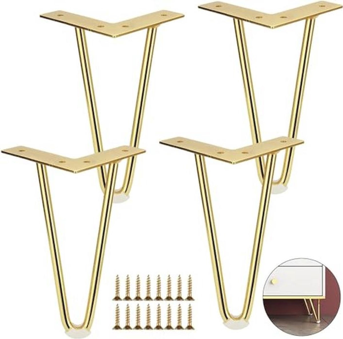 Set van 4 Gouden Haarspeld Tafelpoten van Metaal met Vloerbeschermers - 20 cm