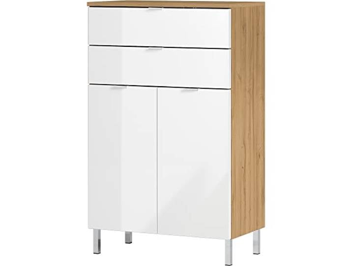 GERMANIA DIE MÖBELMACHER Commode 8531-552\, en Chêne-Grandson repro/Blanc\, façades en Blanc Brillant\, avec Deux tiroirs\, 60 x 97 x 34 cm (l/h/p)