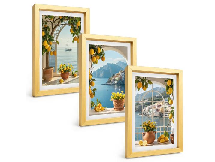 Tulup Bilder SET 3er Set - 20x30 cm Goldrahmen - Zitronenblumen aus der Küstenstadt, Goldfarben, Kunststoff, Rechteckig, 20x30 cm, einfache und schnelle Anbringung, Bilder & Rahmen, Bilder