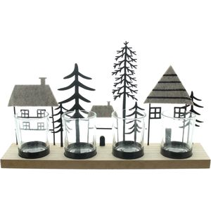 Frank-Flechtwaren Windlicht Teelichtboard Tannen & Häuser, aus Metall / Glas, 33 x 19 cm (BxH), 5-teilig