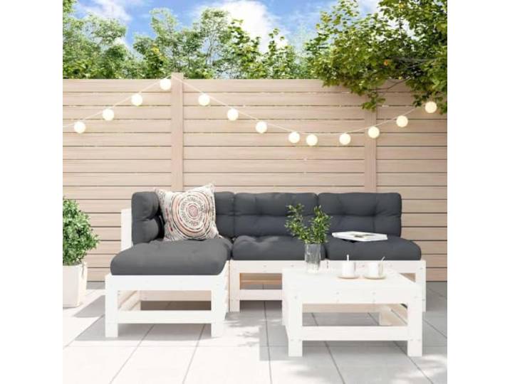 Lattes bois massif pin jardin terrasse design modulable 5 pieces blanc Salon de jardin 5 pieces blanc bois massif pin modulable extensible terrasse exterieur avec repose-pieds