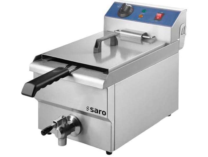SARO Fritteuse aus Edelstahl – 13 L – Mit Ablasshahn - Abgerundetes Becken mit Kältezone – Stufenlose Temperaturregelung – Herausnehmbares Heizelement – 0–180 °C – 3,3 kW – Modell FT 13