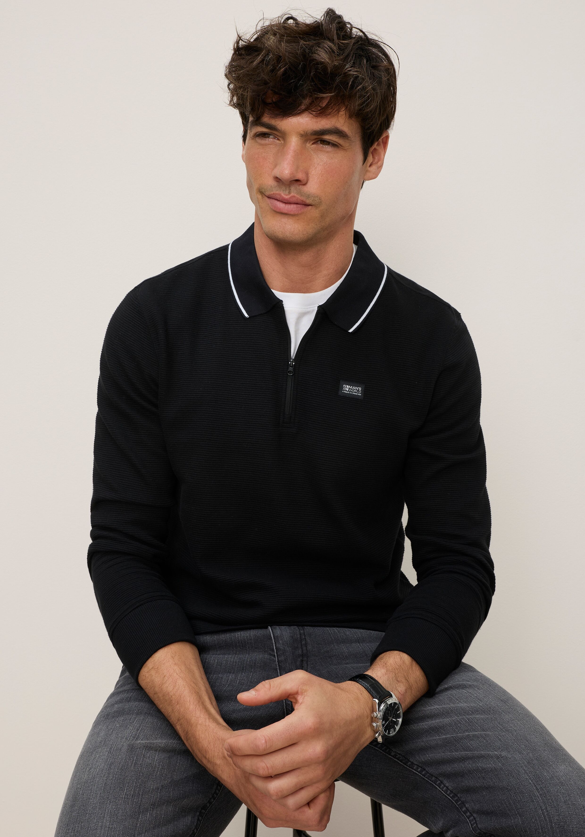 Sweatshirt MAN'S WORLD "mit Polokragen", Herren, Gr. 5XL, schwarz, Obermaterial: 60% Baumwolle, 40% Polyester, unifarben, angesetztes Bündchen, Sweatshirts Sweatshirt, Bequem wie ein Sweatshirt. Smart wie ein Polo. schwarz 5XL