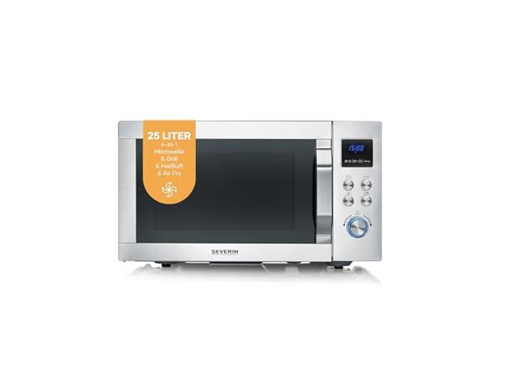 Severin 4-in-1 Mikrowelle, Heißluftfritteuse, Mikrowelle, Backofen, Grill, max. 2150 W Leistung, 25L, Heißluft-Funktion bis 230°C, 95 min Timer, Crispy Wave, Silber, Edelstahl, MW 7918