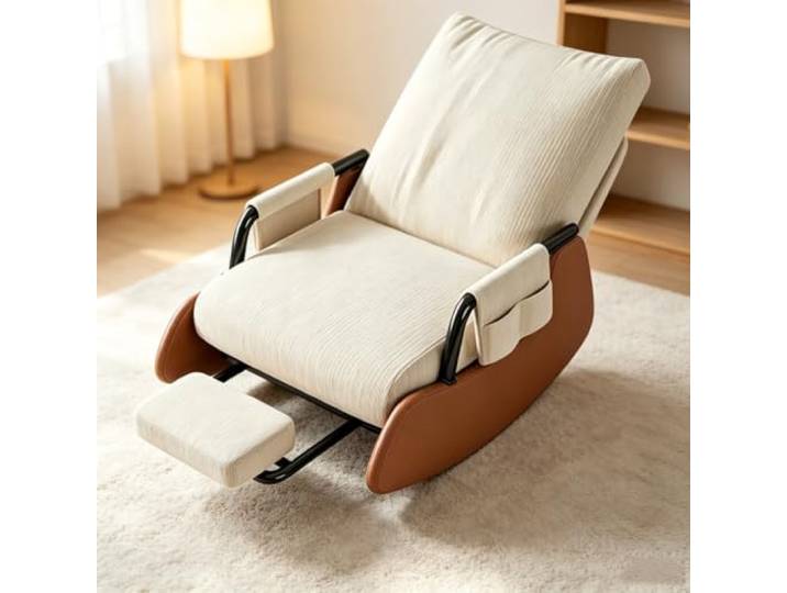 LCNDKF Gemütlicher Schaukelsessel mit Gepolsterten Armlehnen Ergonomischer Schaukelstuhl mit ausziehbarer Fußstütze und Seitentasche für tägliche Entspannung.