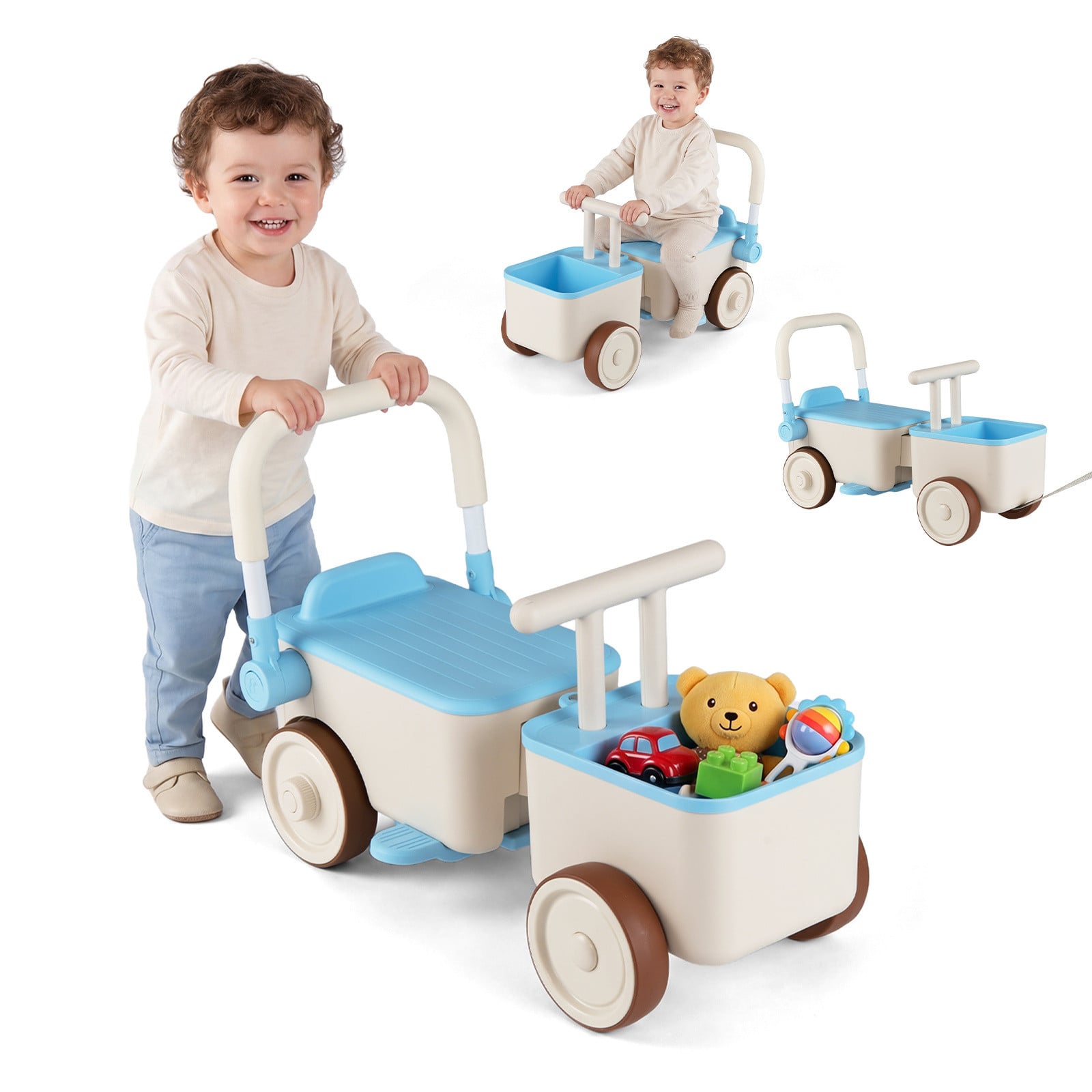 Costway 3-in-1 Loopwagen en Kinderwagen met Opbergruimte, Blauw