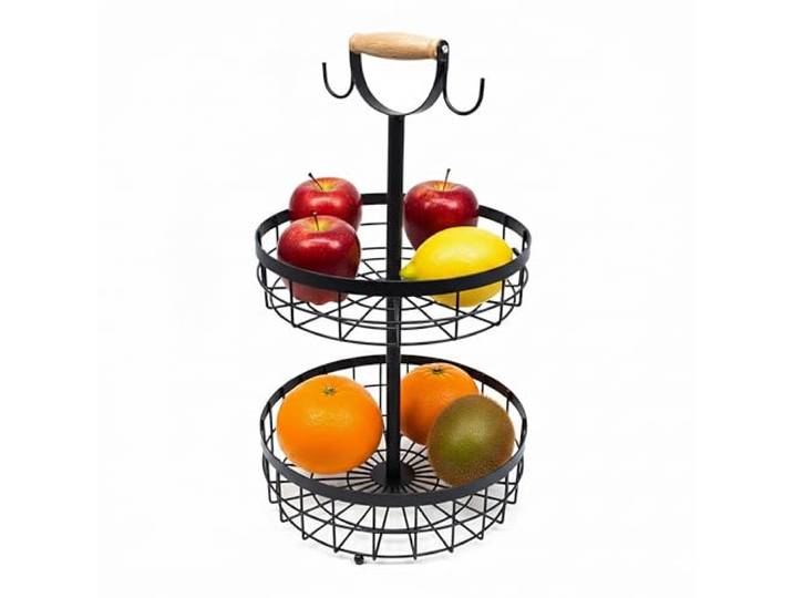 Relaxdays Etagère à fruits à deux niveaux\, corbeille moderne en métal pour la cuisine\, noir