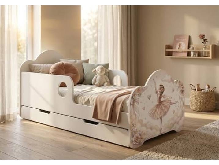 Happy Babies Kinderbett 144x82 cm mit Schublade Matratze & Flex-Lattenrost Bettkasten Kinderbett Weiß Rausfallschutz Komplettset, Einhorn, für EIN Mädchen, Juniorbett (nr 430)