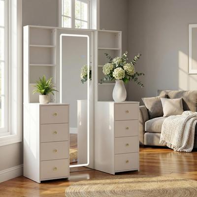Timechee Makeup Vanity with Full Length LED Mirror, Modern Dressing Table with 8 Drawers Dresser Closet Cabinet