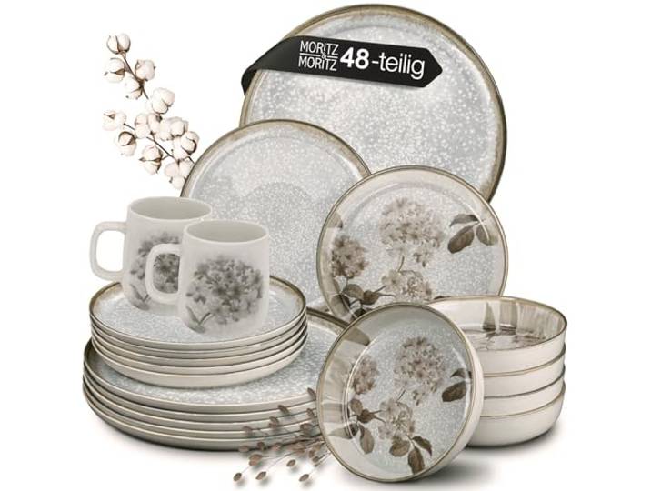 Moritz & Moritz Geschirrset 12 Personen 48-tlg. - Modernes Tafelservice mit verspieltem Design - Pflegeleichtes Kaffeeservice mit Teller Set, Schüsseln & Tassen - Kombiservice - Serie Blossom