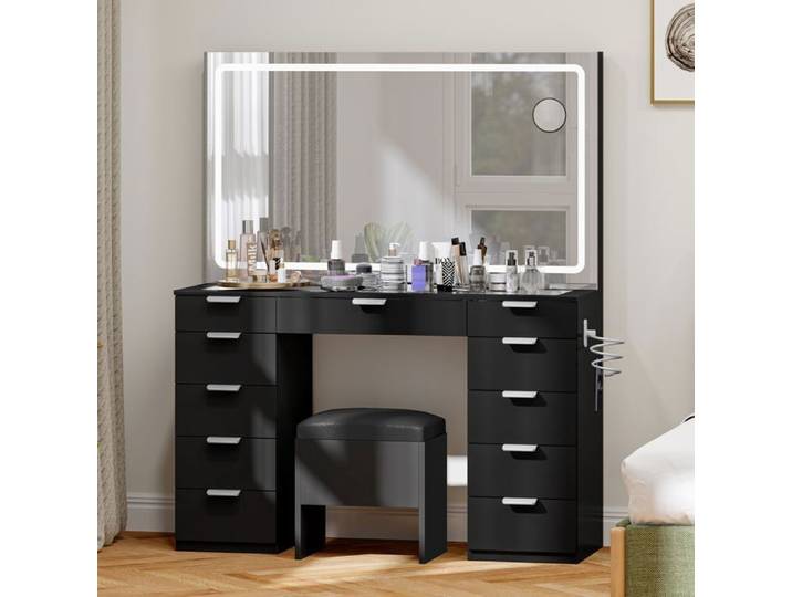 YITAHOME Coiffeuse avec Éclairage LED avec Miroir Table de Maquillage avec Prise Électrique 11 Tiroirs Noir 114 x 40 x 139 cm