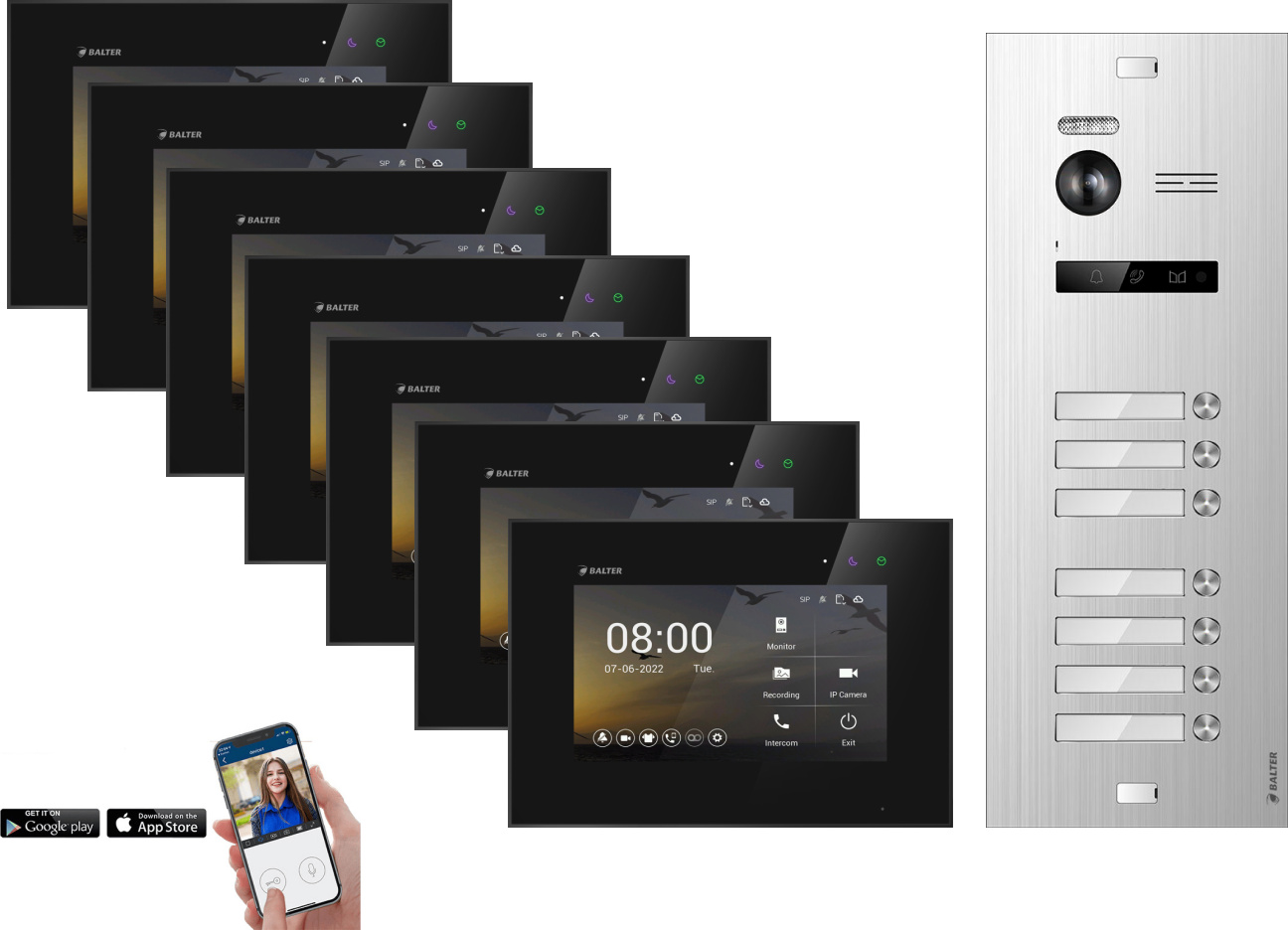 BALTER EVO HD Silber Video Türsprechanlage Set 7 Teilnehmer 7x 7" WLAN Monitor Schwarz
