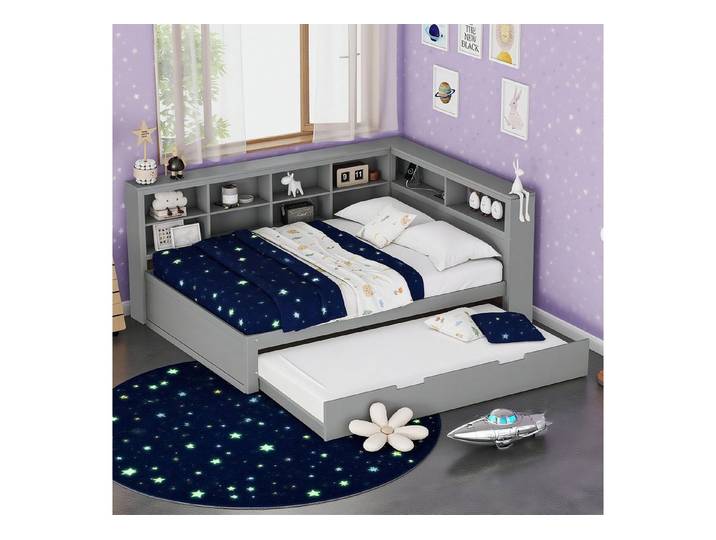 MODFU Kinderbett mit ausziehbarem Bett 90x190 (Kinderbett mit USB-Ladeanschluss & Stauraum, Holzbett 140x200 & 90x190 cm), ohne Matratze
