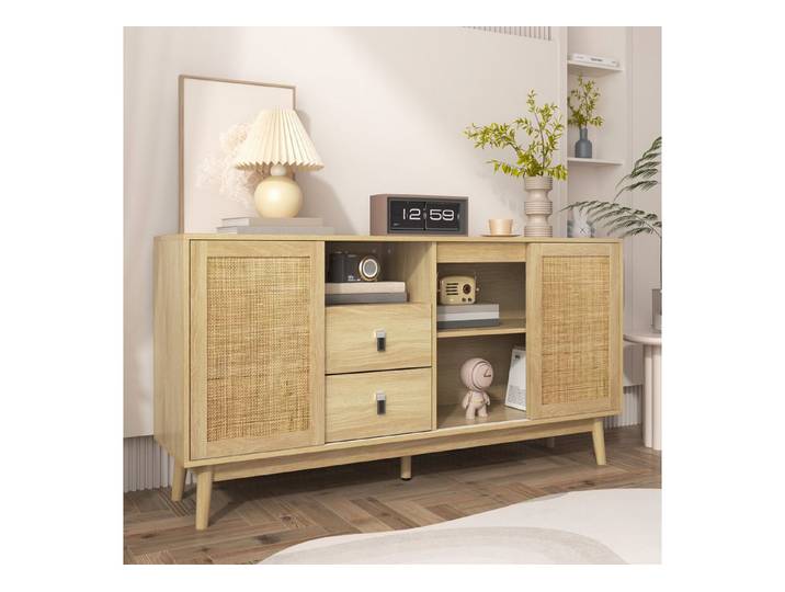 STILVORA Sideboard mit Schiebetüren,Aufwahrungsschrank Beistellschrank mit Schubladen (Wohnzimmerschrank, Aufbewahrungsschrank, Kommode, Anrichte, 1 St., 3 Schiebetüren, 2 Schubladen), elegantes Design, Rattan-Schiebetüren, Massivholzfüßen