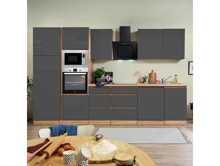 Cuisine équipée Lorena II 345cm Gris/Gris brillant/Imitation chêne Avec électroménager
