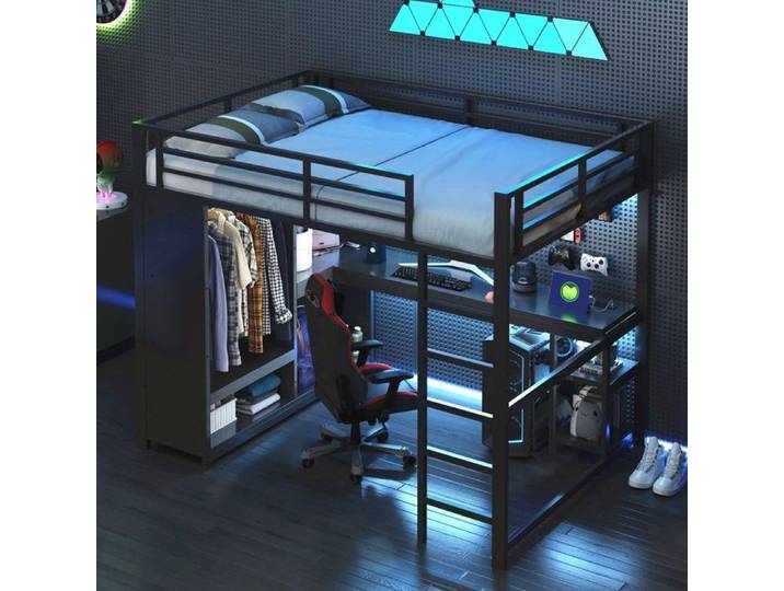 Lit mezzanine métal 140x200 avec LED noir bureaux placard ouvert et casiers de rangement pour gamer