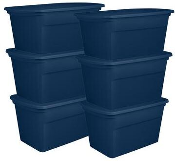 Sterilite Classic Lidded Stackable 30 Gal Storage Tote Container, Blue, 6 Pack