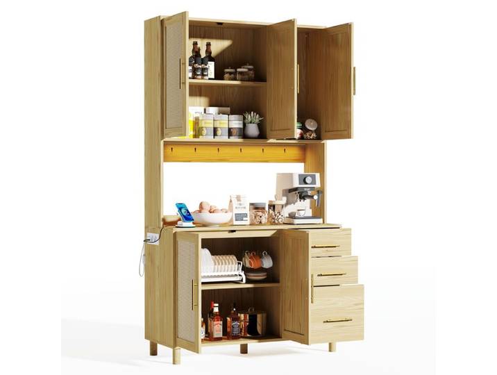 Buffets Bahuts - Buffet Cuisine Haut avec Éclairage LED Connexion Bluetooth 2 Ports USB 2 Prises et 3 Tiroirs - Naturel