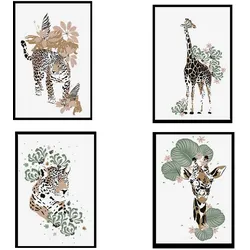 POSTER Set mit 4 GiraffenLeopardblatt, Blumen und Pflanzen vom Dschungel A4 Schwarzer Rahmen