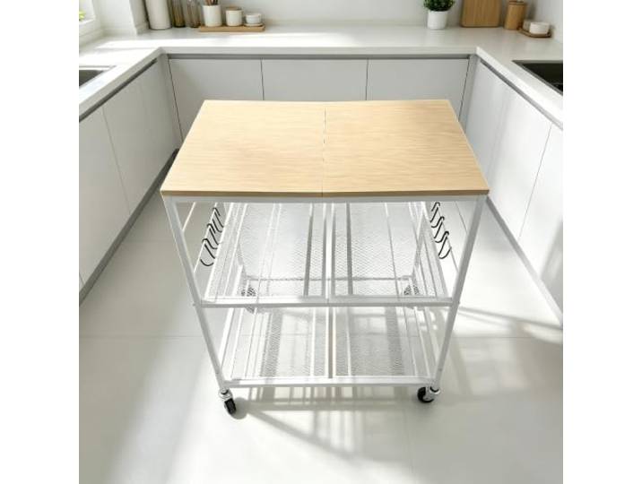 Rollbarer Küchenwagen mit 3 Ablagen, Servierwagen mit Metallrahmen Robuster Metallrahmen, 3 offene Ablagen, 360° Universalrollen, Vielseitiger Stauraum(White)