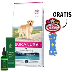 Eukanuba Breed Specific Golden 12kg & Lab-v Omega-3&6-Fettsäuren + Gummiknochen GRATIS!