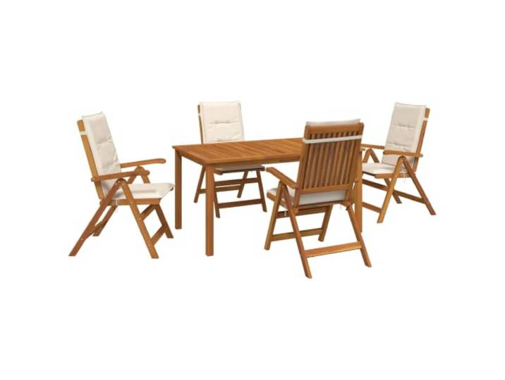 KTHLBRH 5-teiliges Gartenmöbel-Set aus massivem Akazienholz Klappstuhl, 5 Positionen verstellbar, Tisch mit Sonnenschirmloch, abnehmbare Schaumstoffkissen, Lattenrost