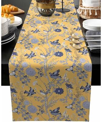 Modern Mode Marketplace Vintage Linen Table Runner With Birds, Butterflies & Herbs Farmhouse Dining Decor b 108x13inch