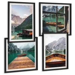 BILDER SET 4er Set - 50x50 cm & 40x60 cm Schwarzer Rahmen - Berglandschaften, Ferienhäuser, Boote