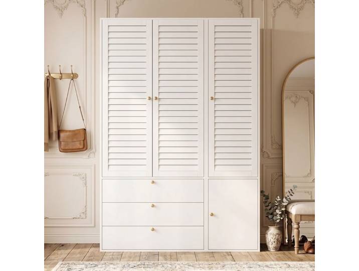 Armoire Chambre 3 Portes Persiennes - avec 3 Tiroirs 2 Tringles et Porte-Pantalons - 135 x 50 x 200 cm