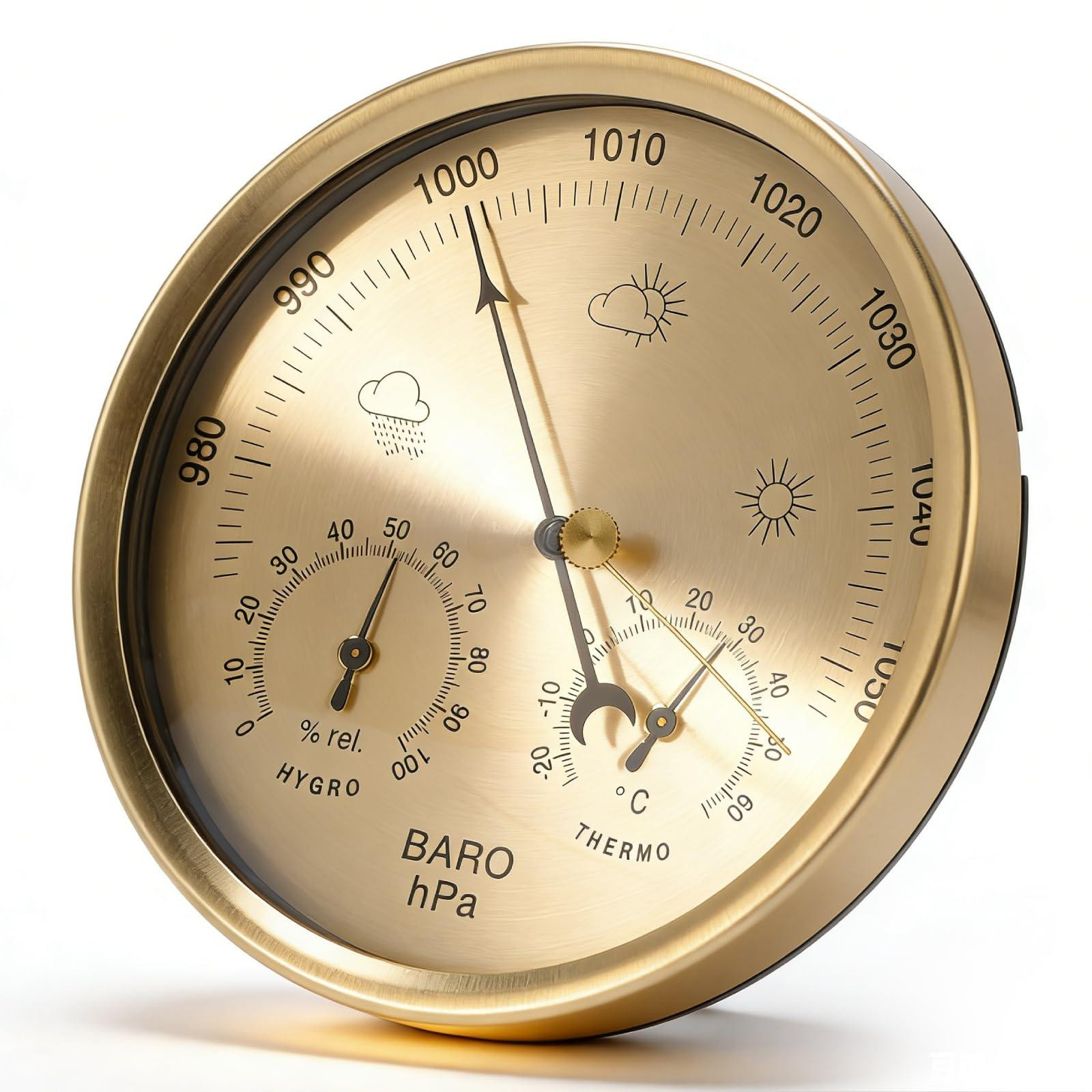 Merkloos Weerstation met barometer, hygrometer en thermometer, gouden wijzerplaat, 130 mm