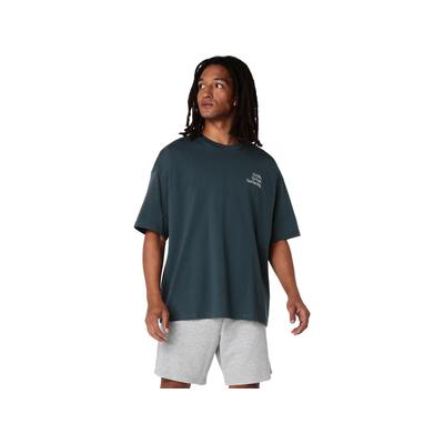 Laufshirt ASICS "RUNNER MESSAGE GRAPHIC RELAXED TEE", Herren, Gr. L, grau (raw indigo), Obermaterial: 60% Baumwolle, 40% Polyester, Shirts Laufshirt, Schnelltrocknend, Weiches Material, Langlebige Materialien