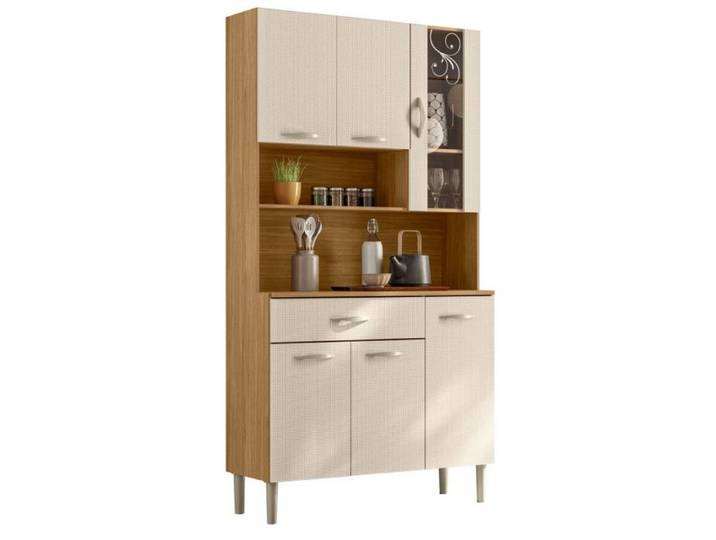 Buffet 6 Portes 1 Tiroir 7 Niches Chêne et Blanc Ecru Gaufré L 90 H 173.5 P 36.3 cm - L 90 x l 36.3 x H 173.5 cm