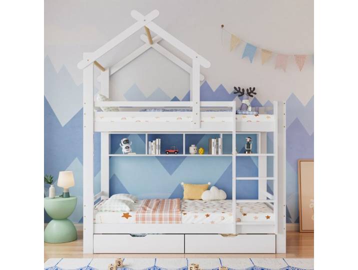 Lit Superposé 90x200cm - OEM - Blanc - 6 Tiroirs - Étagères - Sécurité Anti-Chute