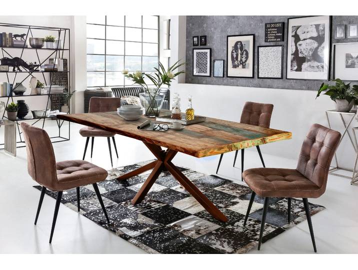 Esstisch SIT Riga Altholz Massivholz mit Stern-Gestell & Unikat-Charakter , braun (braun, braun, bunt), B:220cm H:76cm T:100cm, Tische, Esstisch, Massives Altholz mit markantem Stern-Gestell