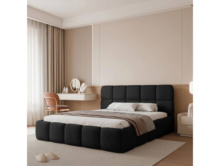 Polsterbett CERETTO 160x200 Schwarz Plüsch mit Bettkasten & Lattenrost