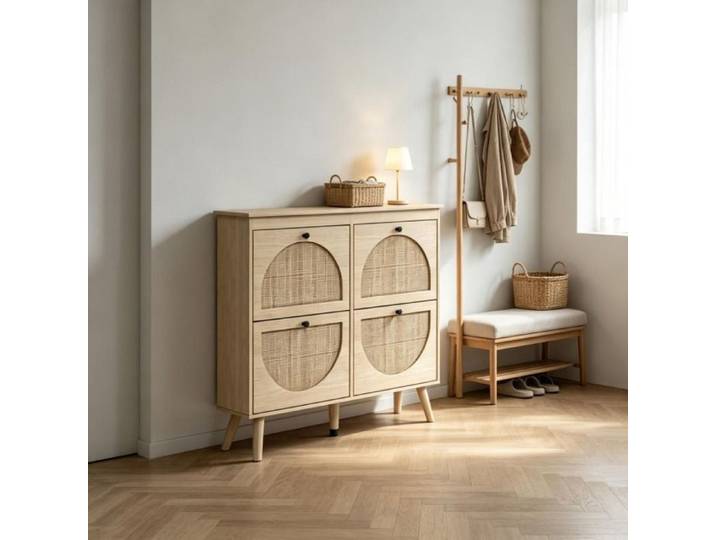 Meuble à Chaussures Gain de Place au Design Contemporain Meuble à Chaussures Compact avec 4 Portes Battantes Aspect Rotin