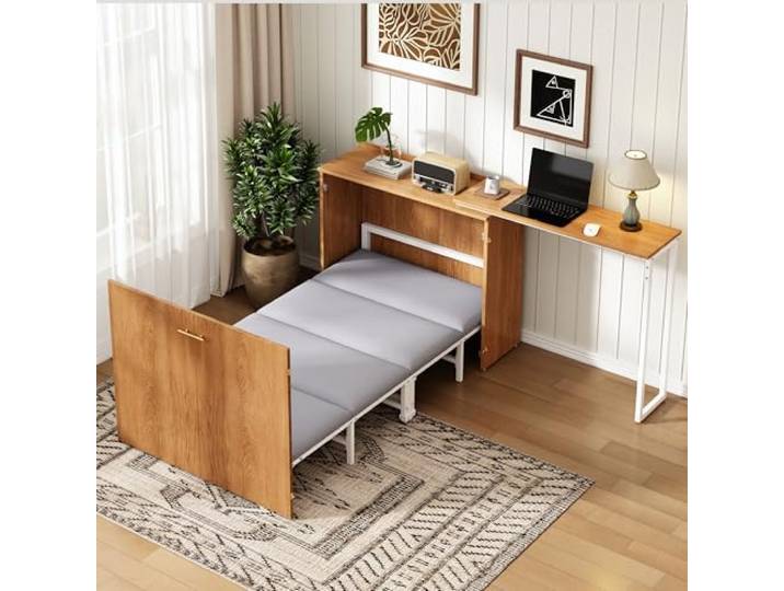 Merax Klappbett 90x200 cm, mit drehbarem Schreibtisch & Matratze, platzsparendes Schrankbett mit Rollen, faltbares Wandbett für kleine Räume, Gästezimmer & Homeoffice, inkl. Matratze