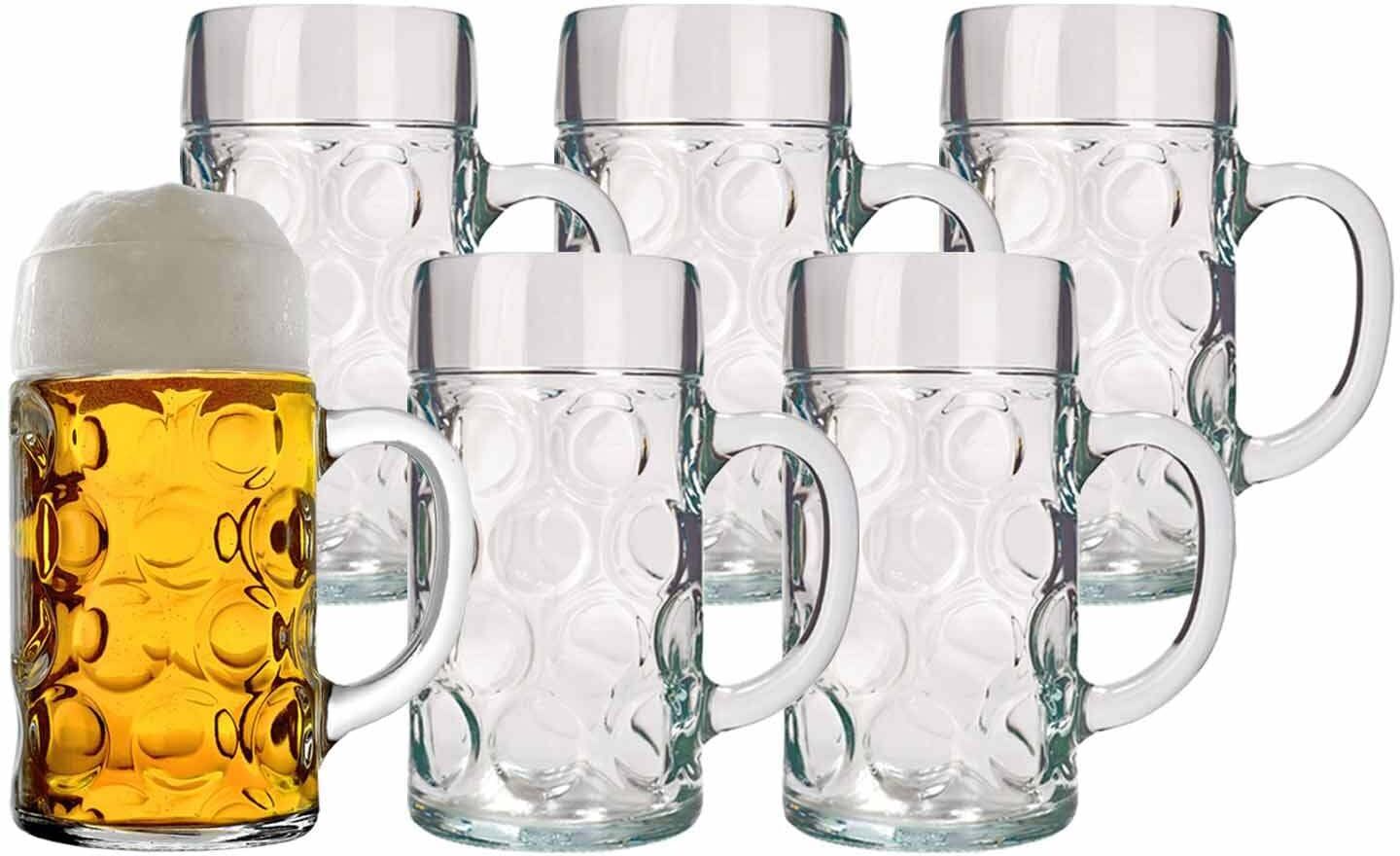 Bierkrug STÖLZLE "Maßkrüge Isar 1000 ml 6er Set transparent", bunt (transparent), Glas, Trinkgefäße, Bierkrug